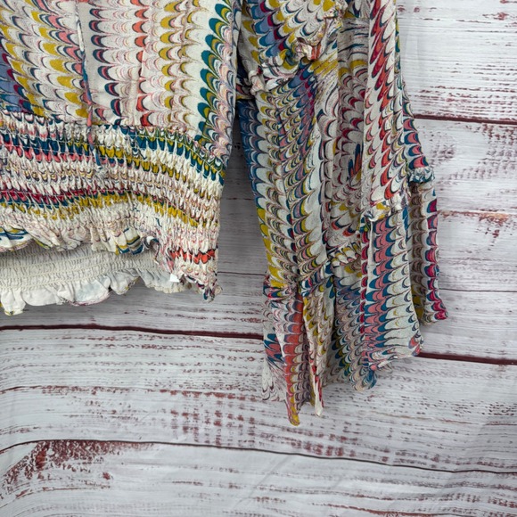 Maeve Anthropologie Shirt Womens Medium Smocked Cropped Blouse Bell Sleeve Swirl - Picture 4 of 13